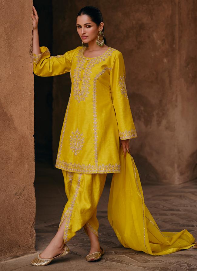 Chinnon Silk Yellow Eid Wear Embroidery Work Dhoti Suit